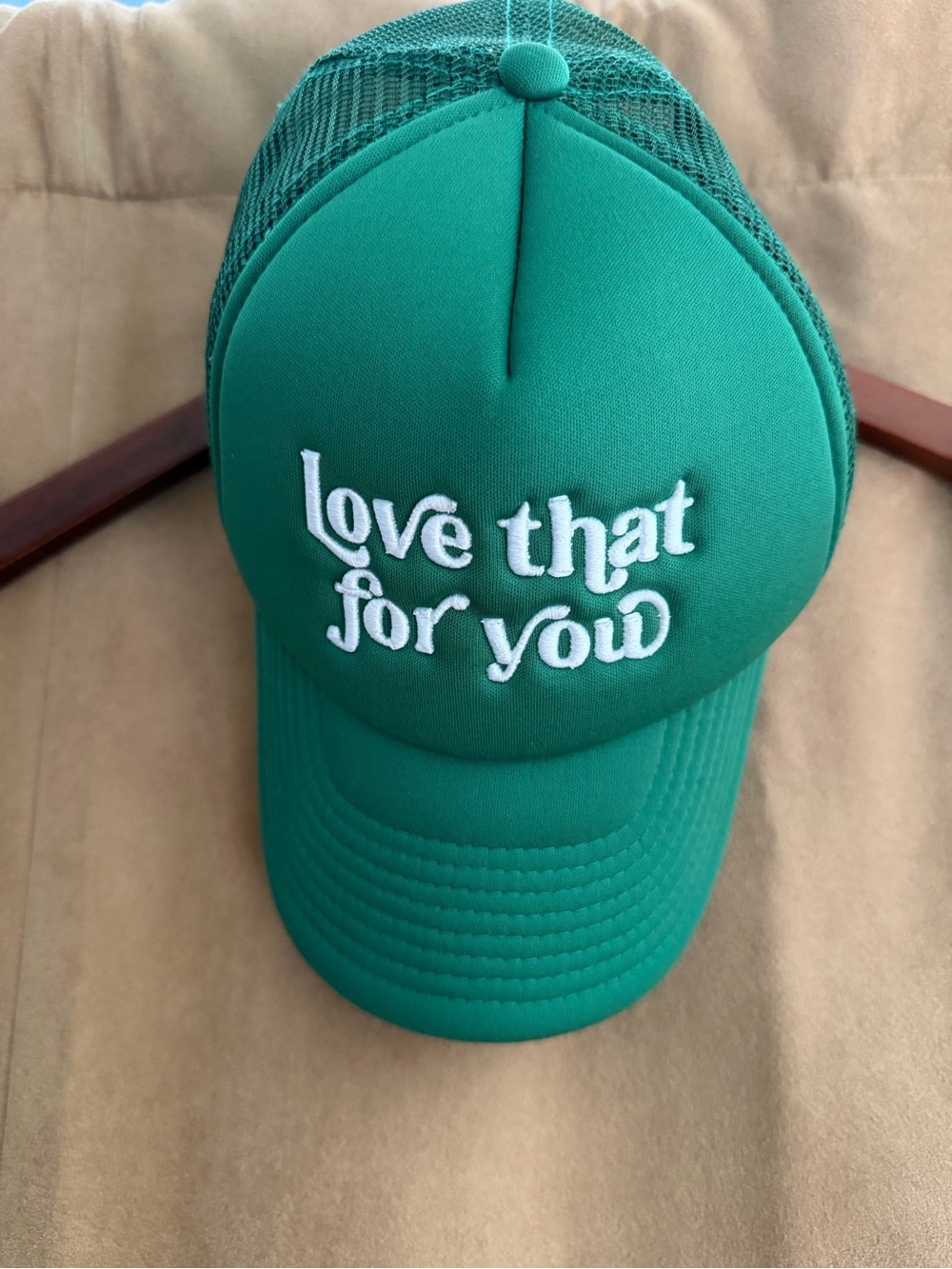 Green Trucker Hat with 'Love that for you' Embroidery